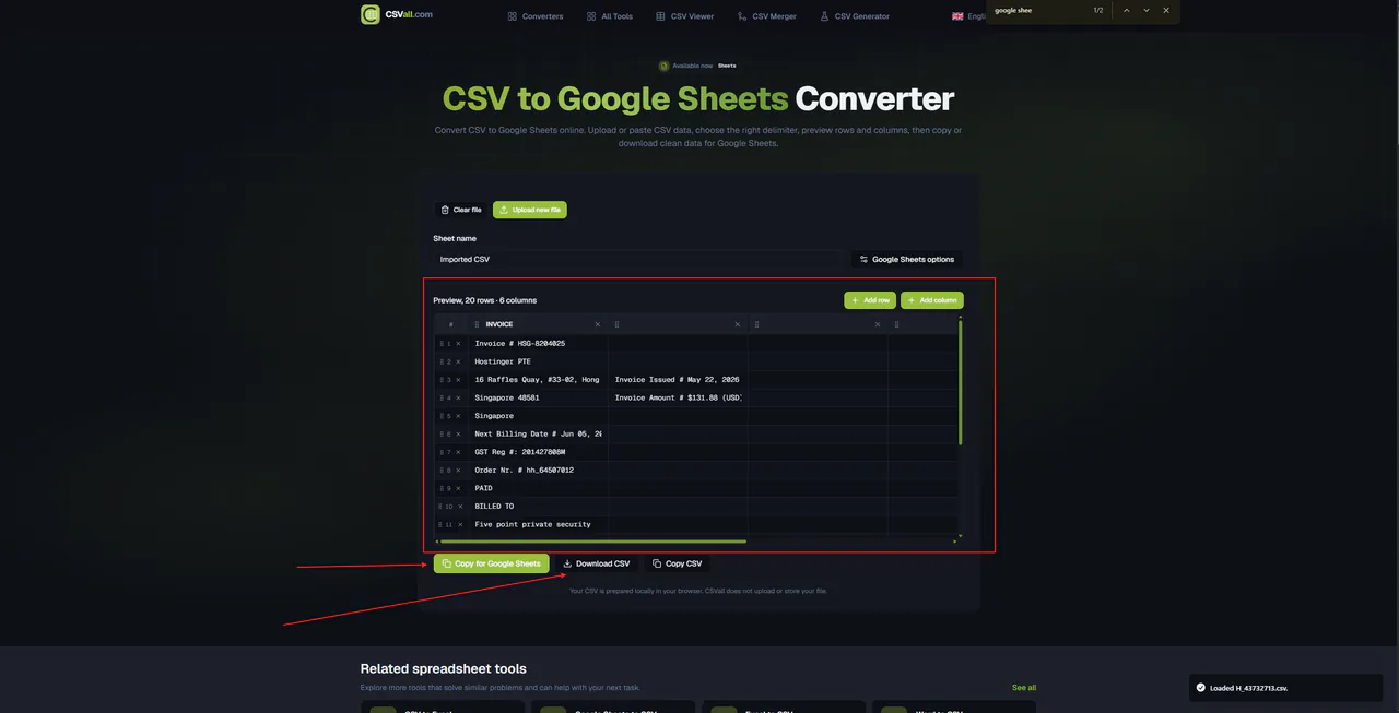 CSV data previewed in CSVall with clean columns ready to copy into Google Sheets