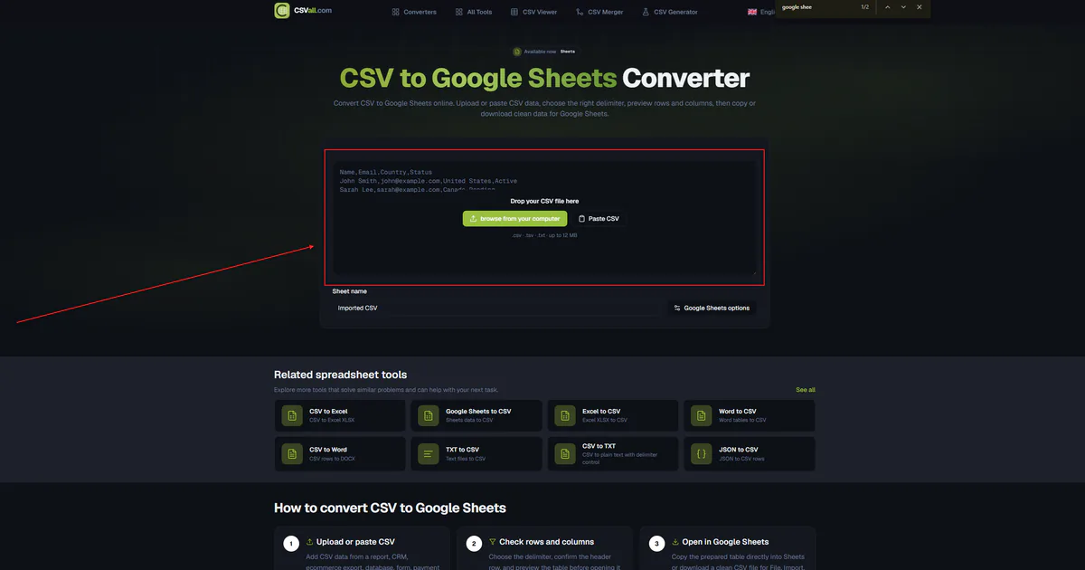 CSVall CSV to Google Sheets converter with upload area and column preview