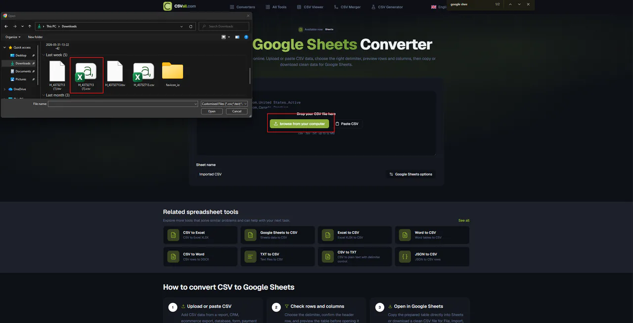 Upload a CSV file to CSVall's free CSV to Google Sheets converter by drag and drop or browse