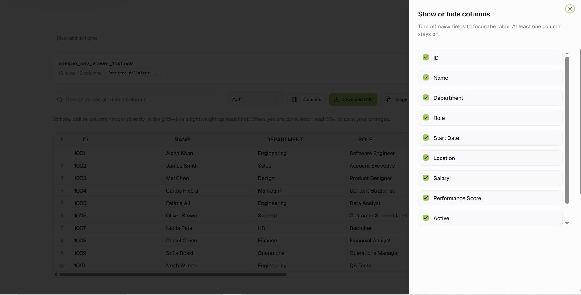 Column visibility panel in CSVall CSV viewer — toggle which fields appear in the grid