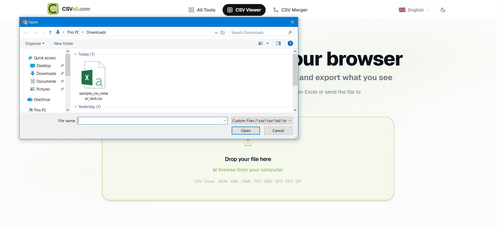 Drag and drop a CSV file onto CSVall's free online viewer or browse from your computer