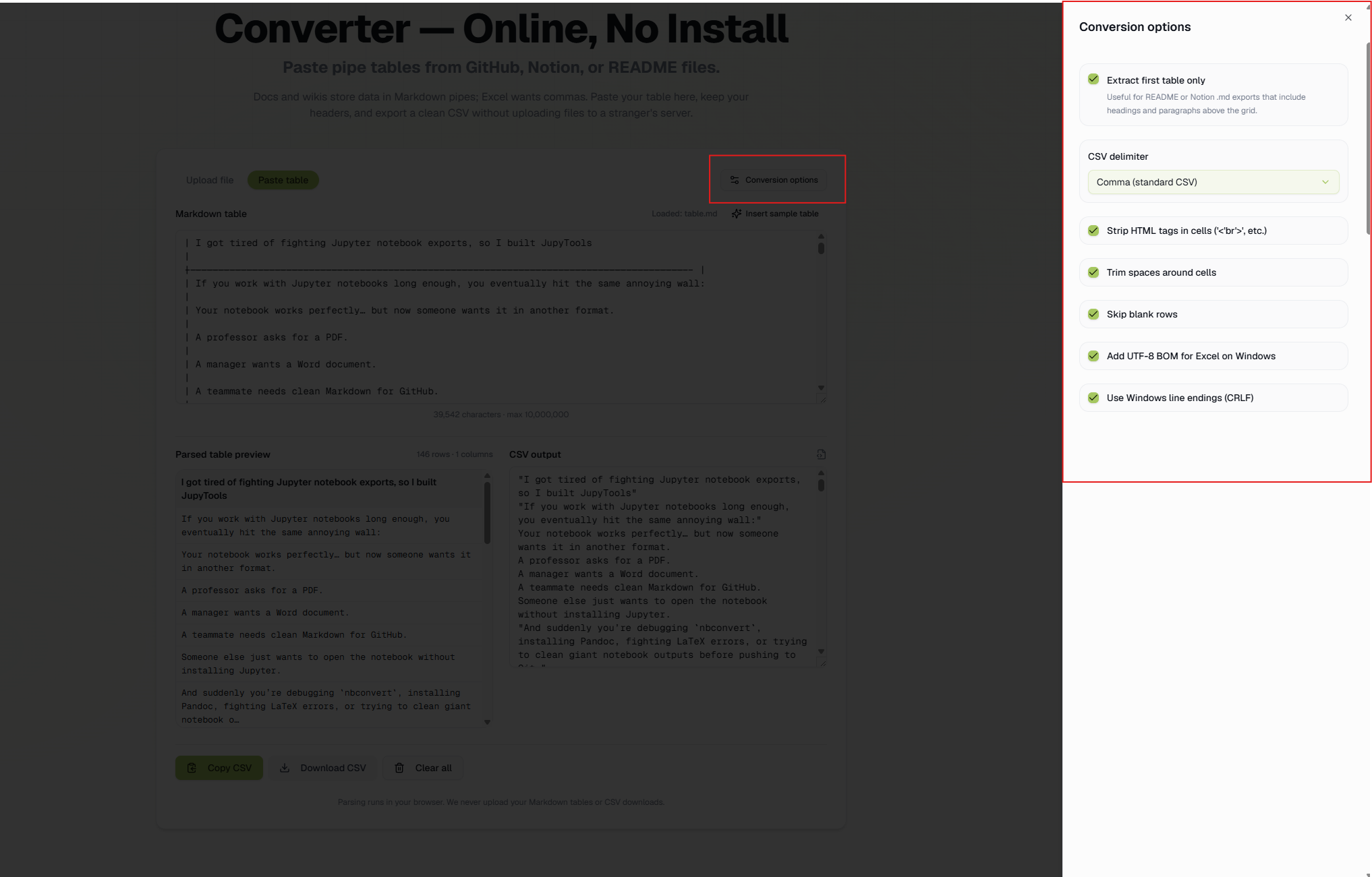 Markdown to CSV options for delimiter, trimming, UTF-8 BOM, and Windows line endings