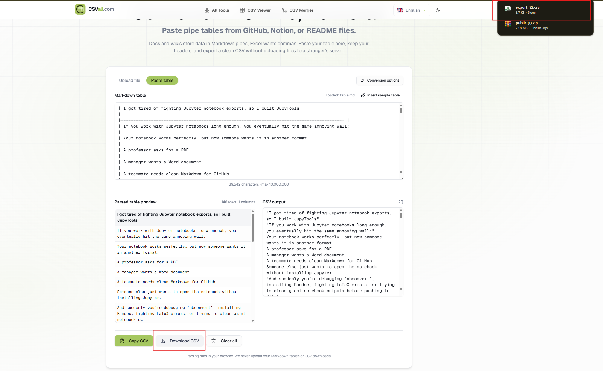 Markdown table converted to CSV with download and copy options in CSVall
