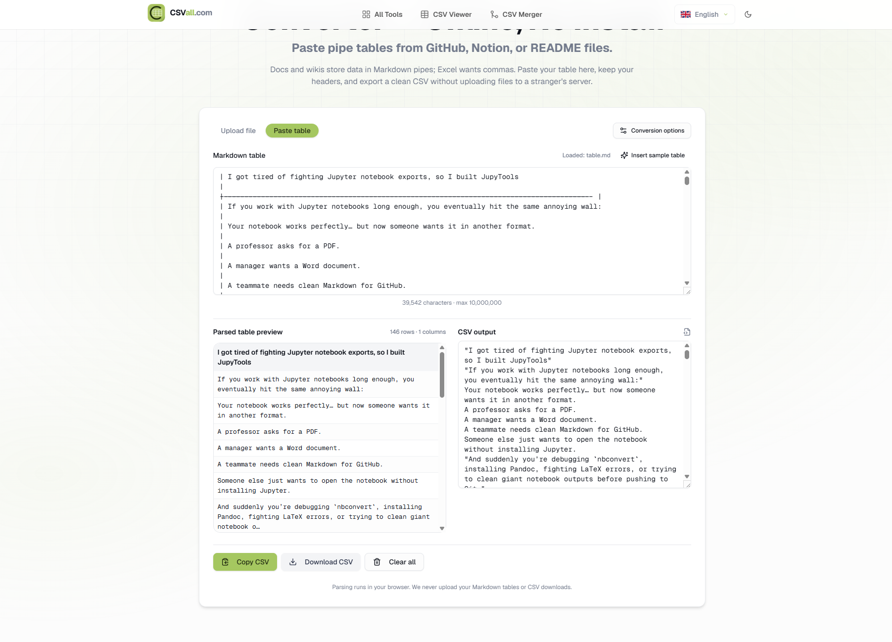 CSV output preview after converting a Markdown table to CSV