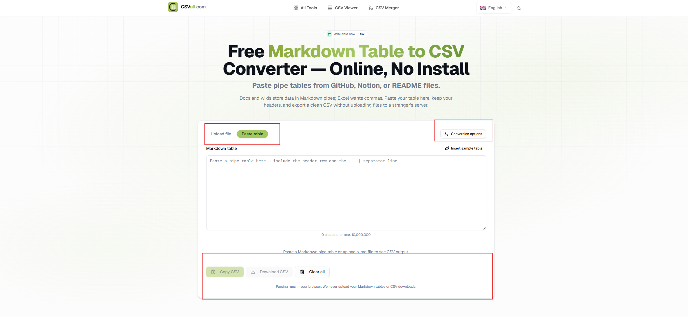 CSVall Markdown to CSV converter with pasted Markdown table input and CSV preview