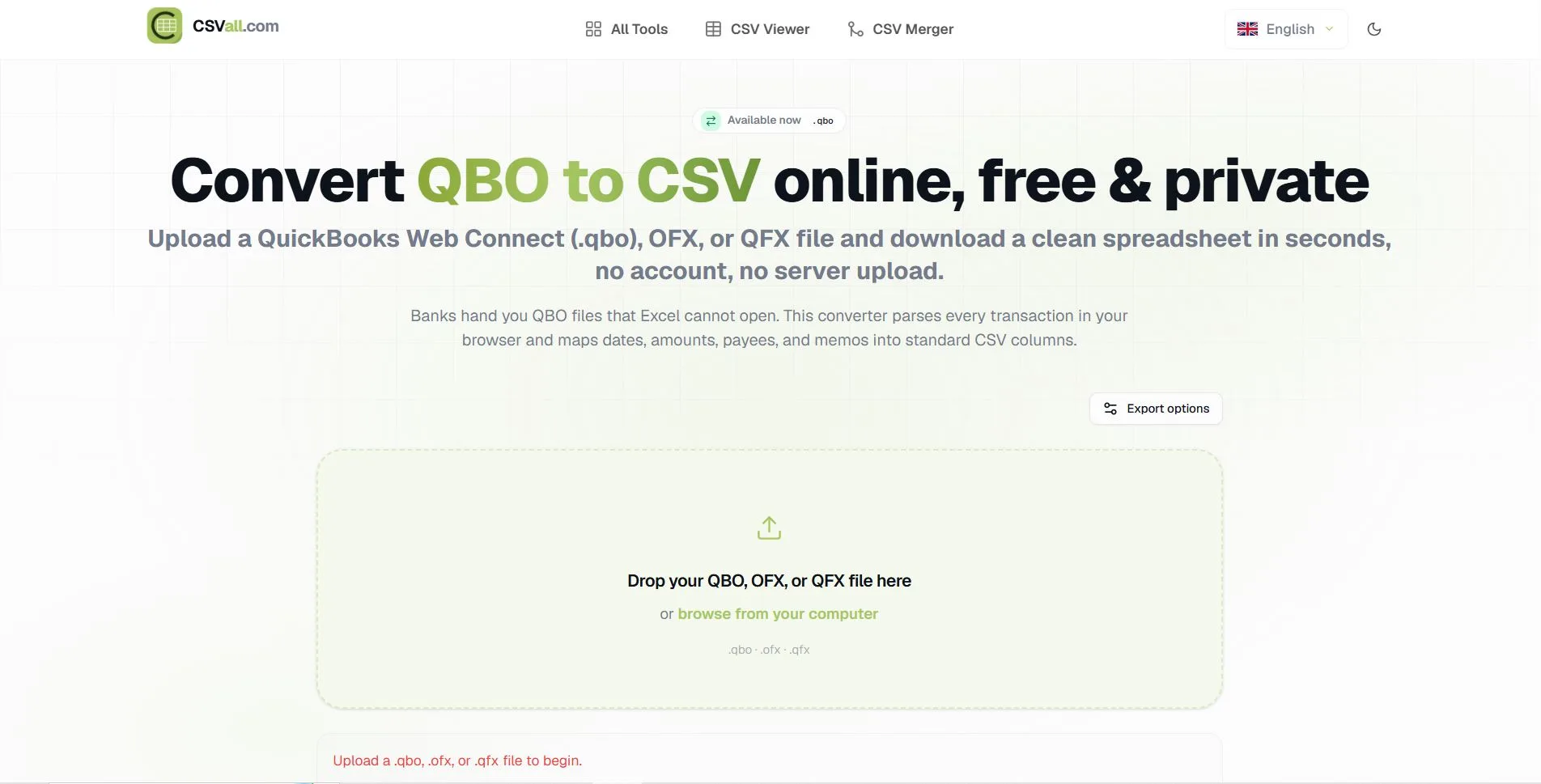 CSVall QBO to CSV converter with upload area for QuickBooks Web Connect files