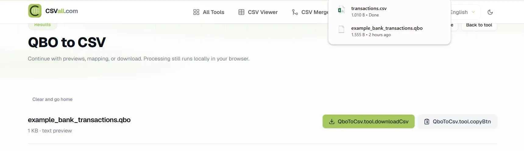 Download CSV after converting QBO bank transactions on CSVall