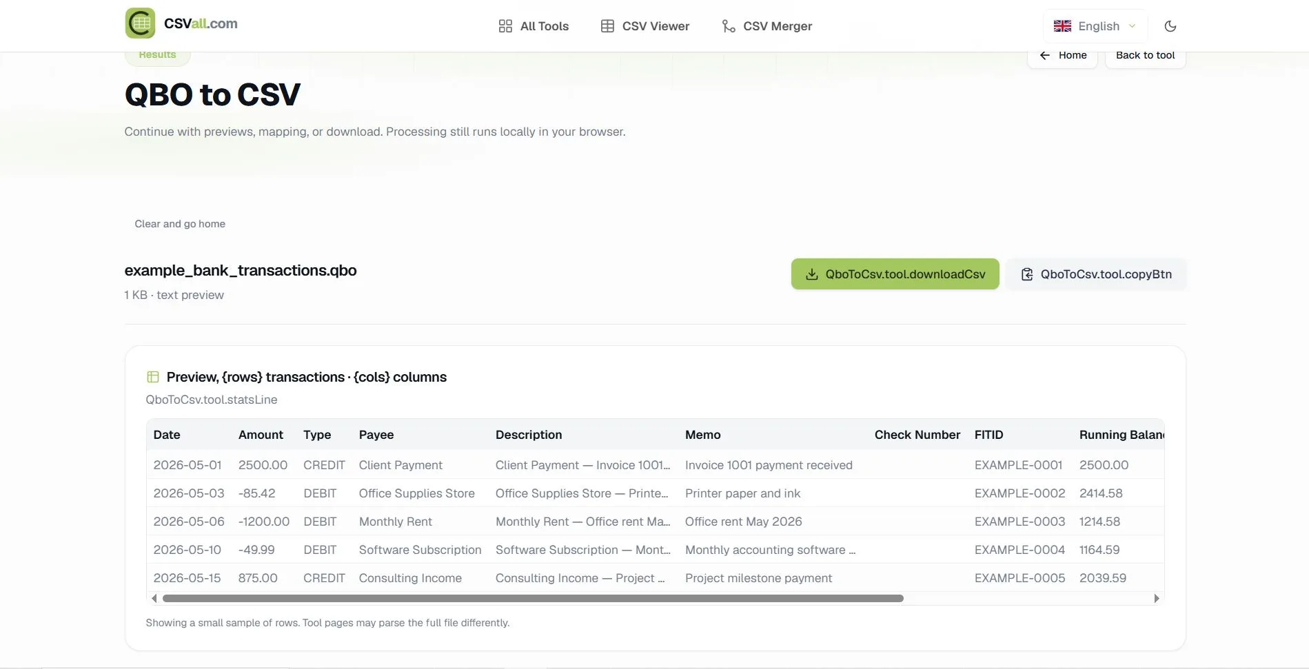 QBO converted to CSV with transaction preview table in CSVall