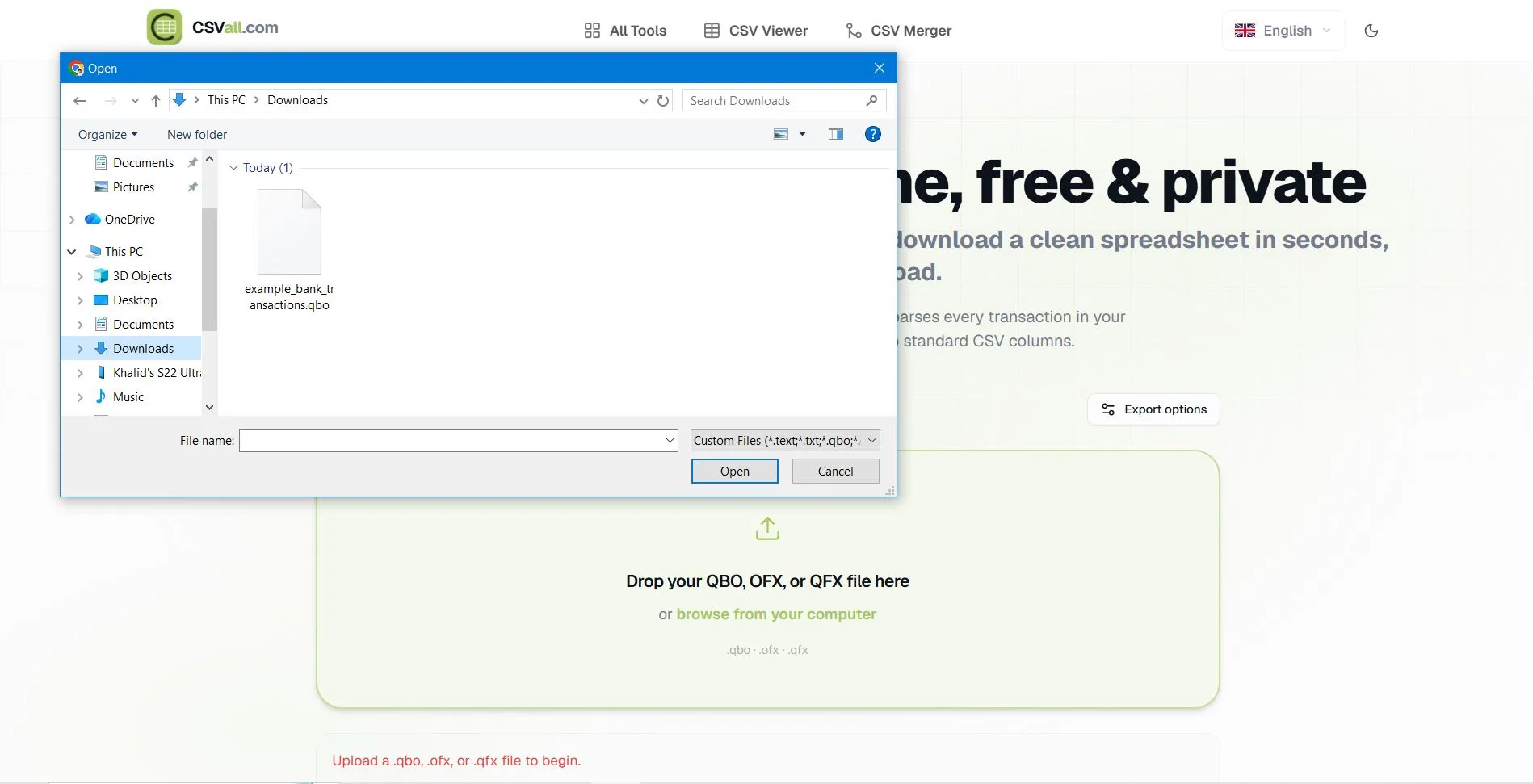 Upload a QBO OFX or QFX bank file by drag and drop or browse on CSVall